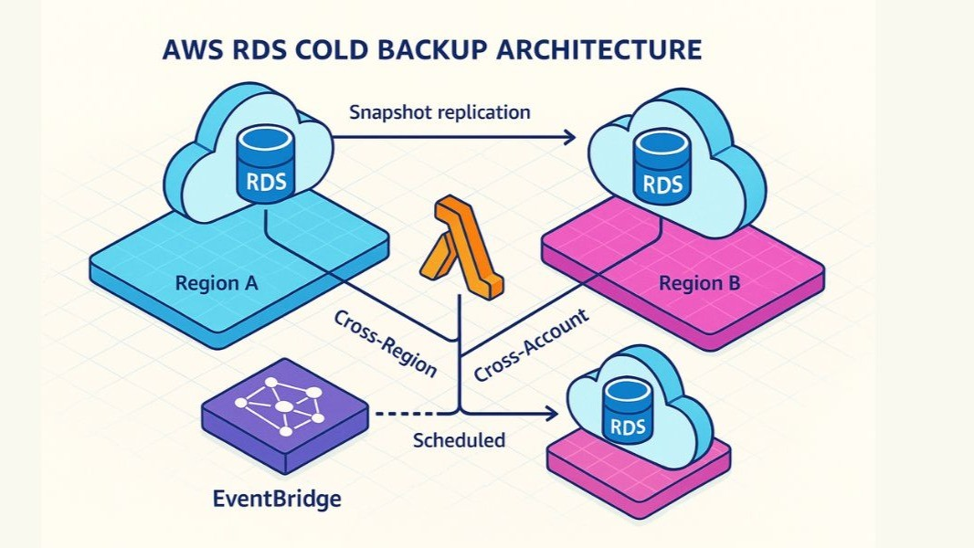 AWS RDS Cold Backup Architecture overview — daily snapshots scheduled by EventBridge in Region A, replicated via Lambda cross-region to Region B and cross-account to a separate DR account