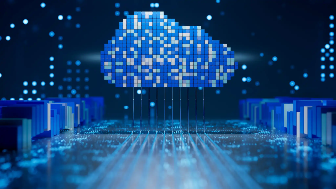 Automated VM protection through Zerto for disaster recovery — pixelated cloud illustration over a data infrastructure landscape