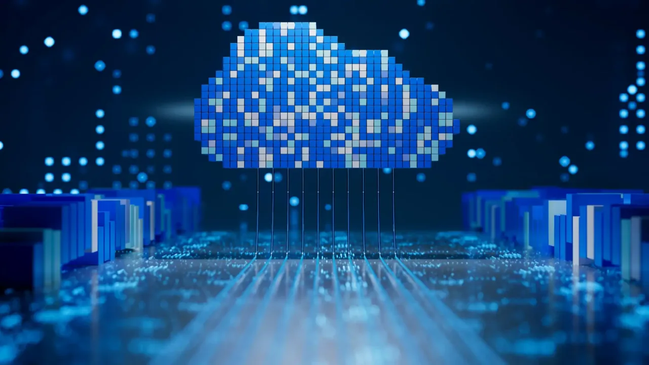 Automated VM protection through Zerto for disaster recovery — pixelated cloud illustration over a data infrastructure landscape